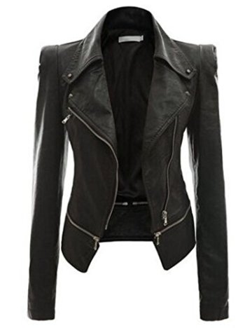 Bestgift Damen Kurz Bikerjacke Reißverschluss-Faux Lederjacke Freizeit Jacke Schwarz M -