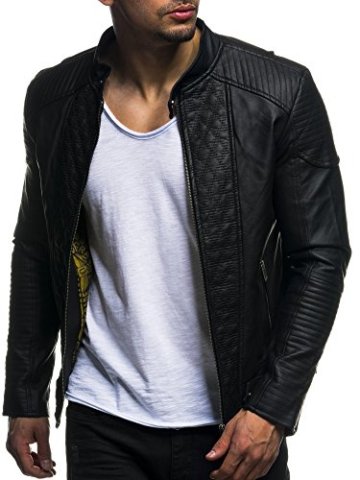 LEIF NELSON Herren Jacke Kunstleder Biker Geteppt Slim Fit Modern Freizeit Schwarz LN516 ; Grš§e L, Schwarz - 