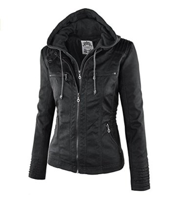 Newbestyle Kapuzen Kunstleder Damen Jacke Motorradjacke Ladies Oberbekleidung (Normale EU-Größe) -