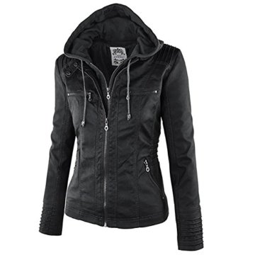 Paris Hill Damen Herbst Winter Kapuzen Kunstleder Jacke Motorradjacke Ladies Oberbekleidung Schwarz L -