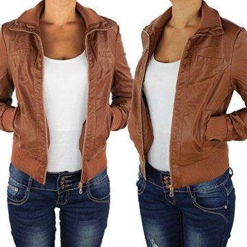 Damen Lederjacke Kunstlederjacke Leder Jacke Damenjacke Jacket Bikerjacke 09all L Nussbraun - 