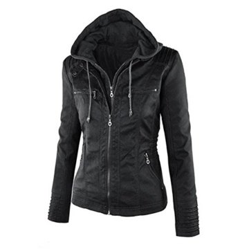 Newbestyle Kapuzen Kunstleder Damen Jacke Motorradjacke Ladies Oberbekleidung (Normale EU-Größe) (40 Small, schwarz) - 