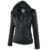 Paris Hill Damen Herbst Winter Kapuzen Kunstleder Jacke Motorradjacke Ladies Oberbekleidung Schwarz M -